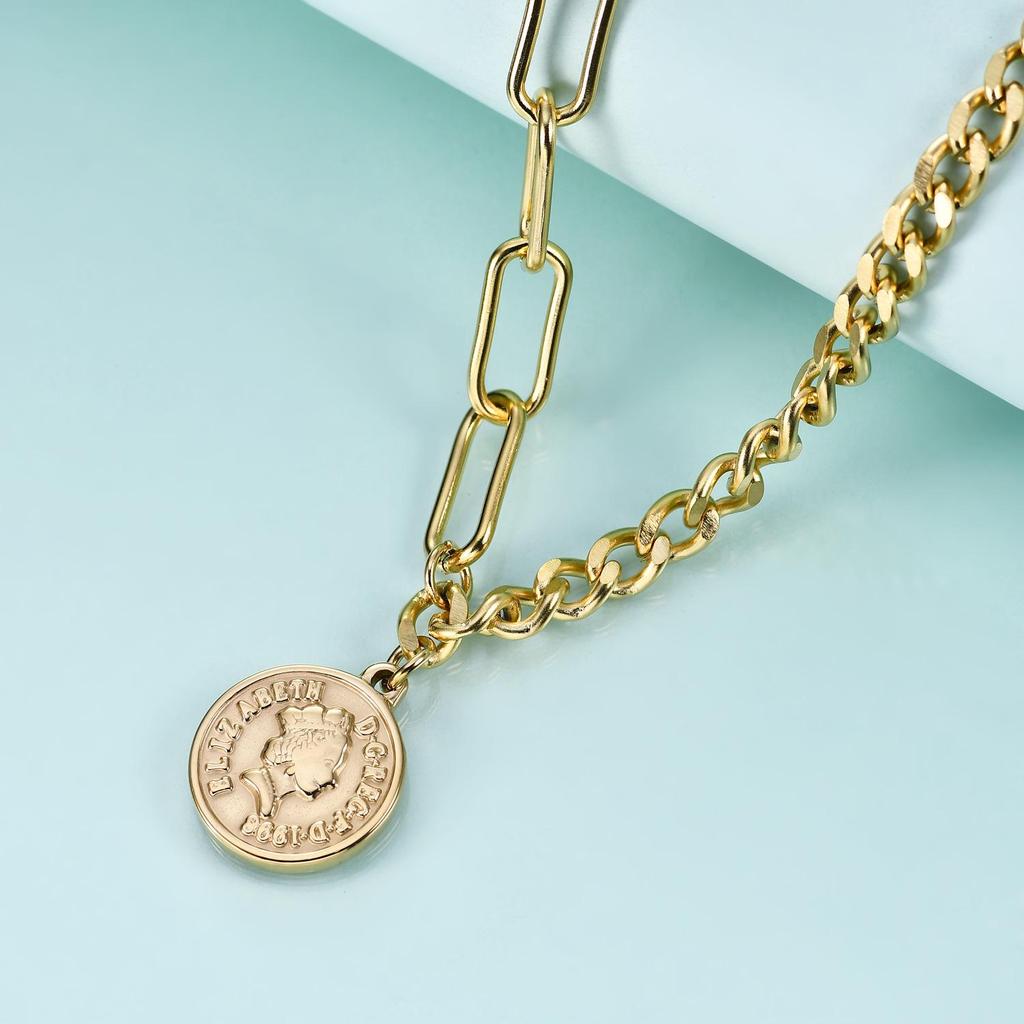 Elegant 7MM Round English Queen Coin Pendant Necklace with OT Buckle in Stainless Steel.