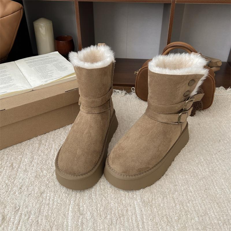 

Women s Fashion Belt Buckle Lightweight Height Enhancement Soft Sole Winter Warm Fur One Snow Boots Padded Lined Non-slip Casual Sports Cotton Boots 36
