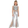Girls 70s Disco Costume 2 Piece Set Metallic Gloss Sequins Sleeveless Top Split Bell Bottom Pants