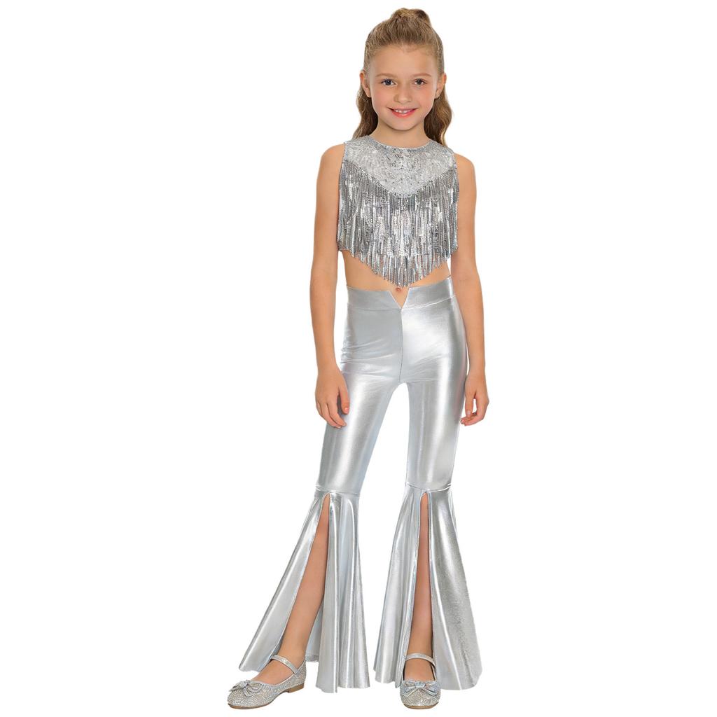 Girls 70s Disco Costume 2 Piece Set Metallic Gloss Sequins Sleeveless Top Split Bell Bottom Pants