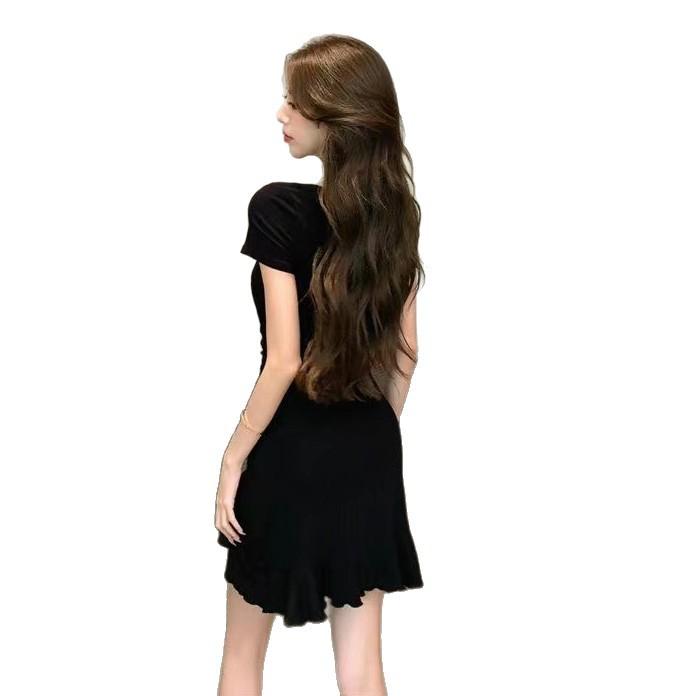 Square collar ruffle edge dress slim and thin temperament socialite pure desire irregular spice girl sexy little black dress summer