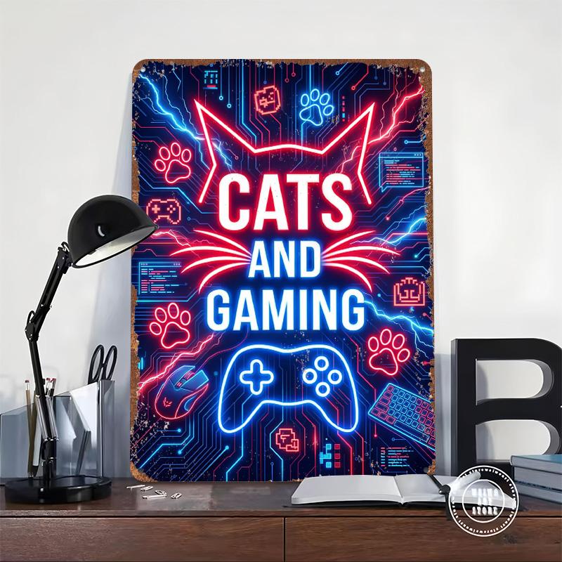 Cats and Gaming In Neon Lights Gamer Metal Poster Customized Wall Art Retro Vintage Tinplate Signs for Modern Home Decoration