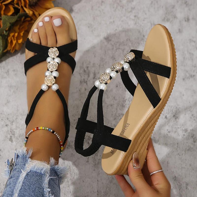 Fashion Pearl Decor Women's Wedge Sandals Summer 2025 Comfort Non Slip Beach Shoes Woman Plus Size Casual Elastic Strap Sandalias Mujer