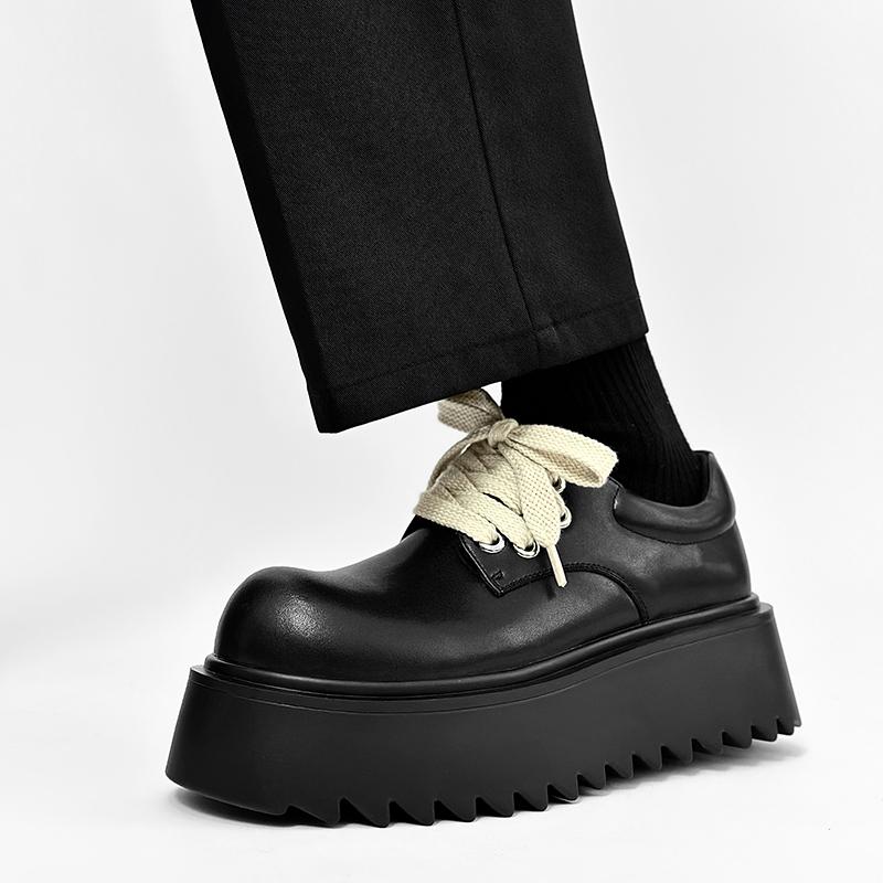 Fashion Derby Black Thick Soled Men's Shoes Fashionable White Lace Up Design Style Outdoor Trendy Party Daily Quality Youth Shoes New