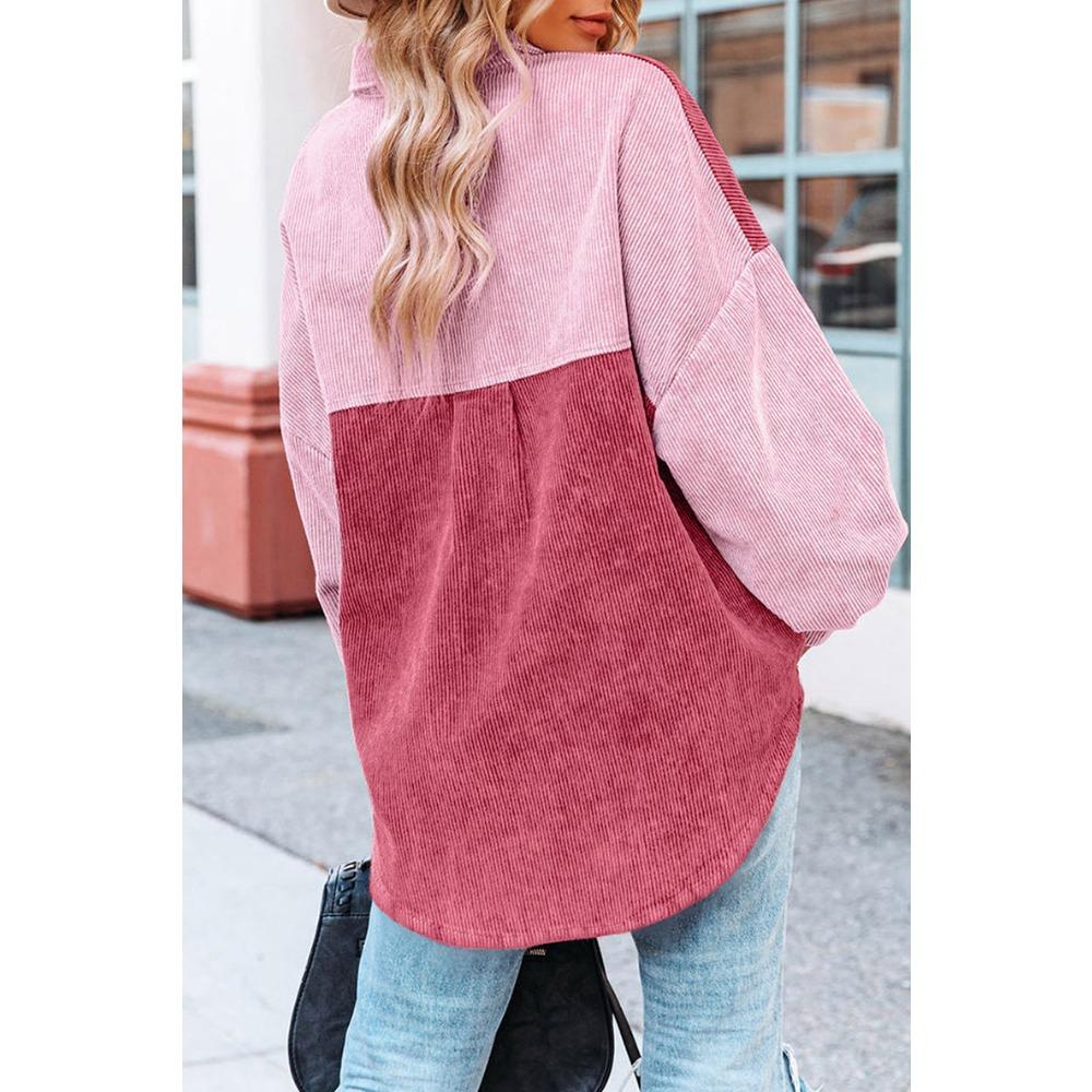 Women's Loose Casual Color Blocked Lapel Button Long Sleeved Shirt Top Long Sleeved Shirt
