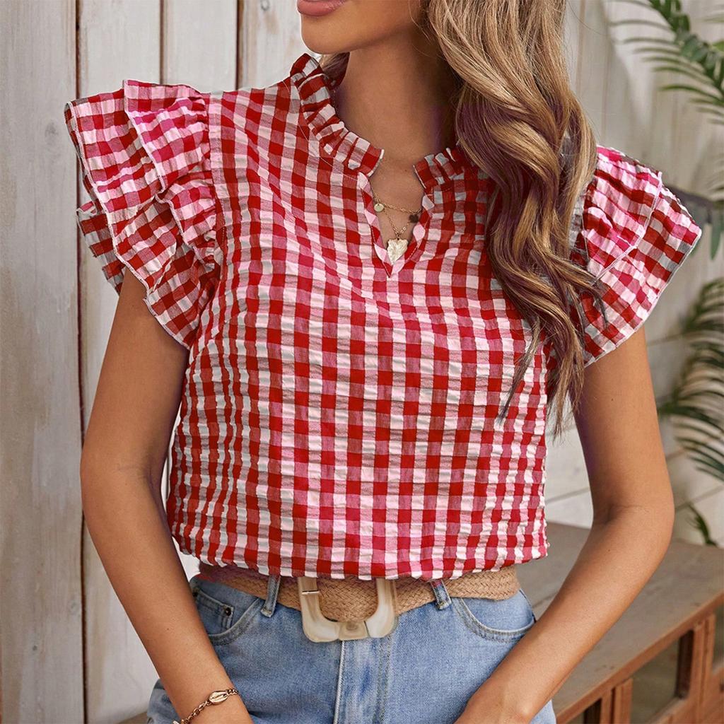 Women's Summer Fashion V-neck Checkered Short Sleeved Ruffled Sweet And Cute Top