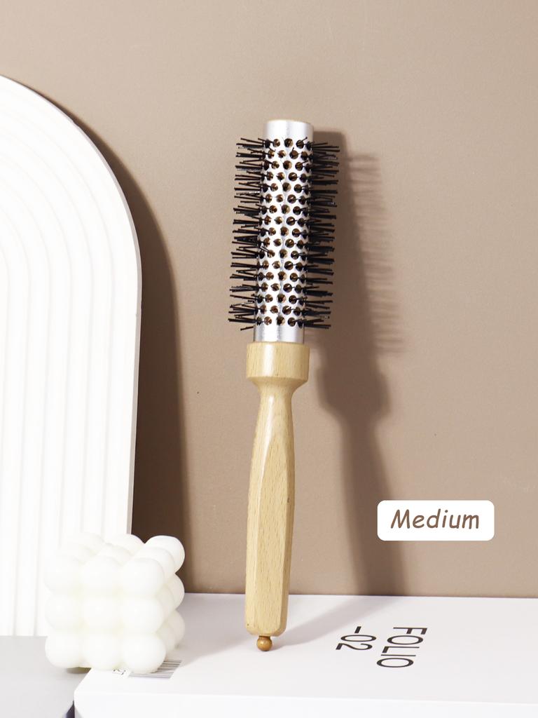 Hairstyling Nylon Hair Brush - Hair Dryer Cylinder Curling Comb - Aluminum Tube Comb and Wooden Handle