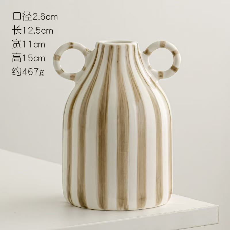 European Hand Painted Striped Ceramic Vase French Light Luxury Living Room Decor