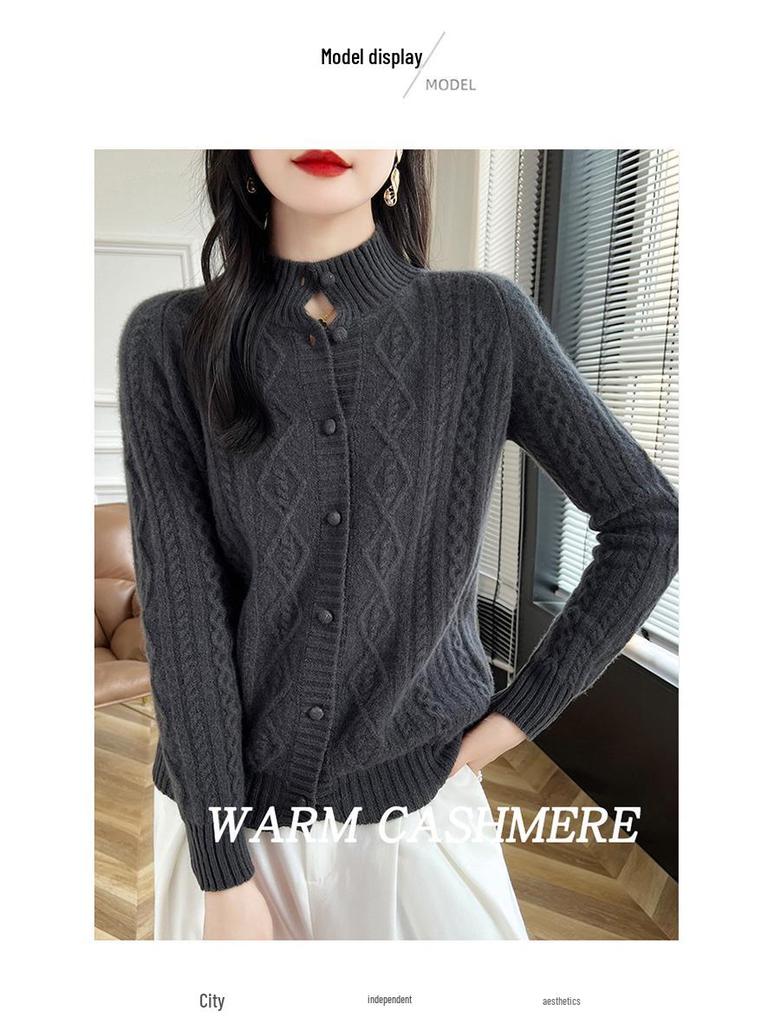 Heavy Knit Half High Neck Slim Fit Cashmere Cardigan Sweater for Spring & Autumn