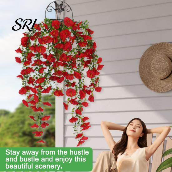 Water-free Flower Decor Artificial Flowers for Outdoor, Fake Hanging Morning Glory with Eucalyptus Leaves, UV No Maintenance Resistant Faux