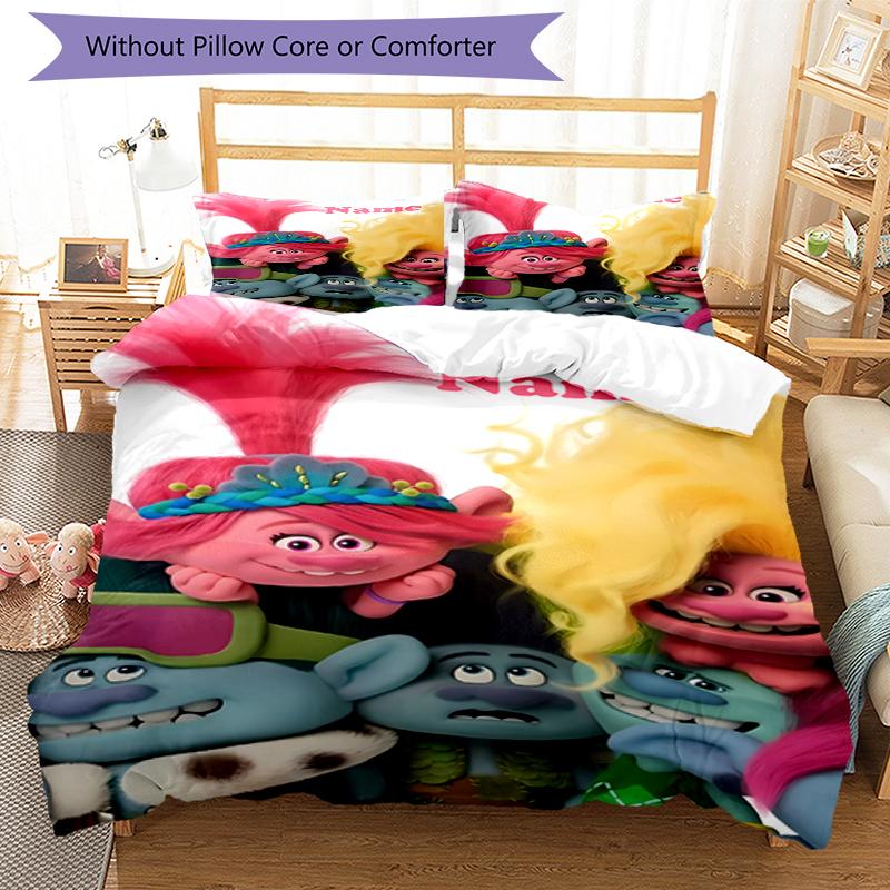 3pcs Custom Name Trolls Bedding Set Duvet Cover Closure Includes 1 Duvet Cover & 2 Pillowcases, Soft and Comfortable for All Seasons.