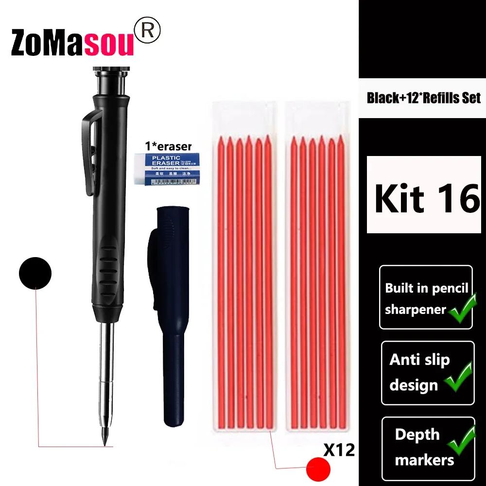 Reuseable Long Head Deep Hole Markers Pen Pencils Solid Carpenter Refill Leads Built-in Sharpener Woodwork Construction Tools