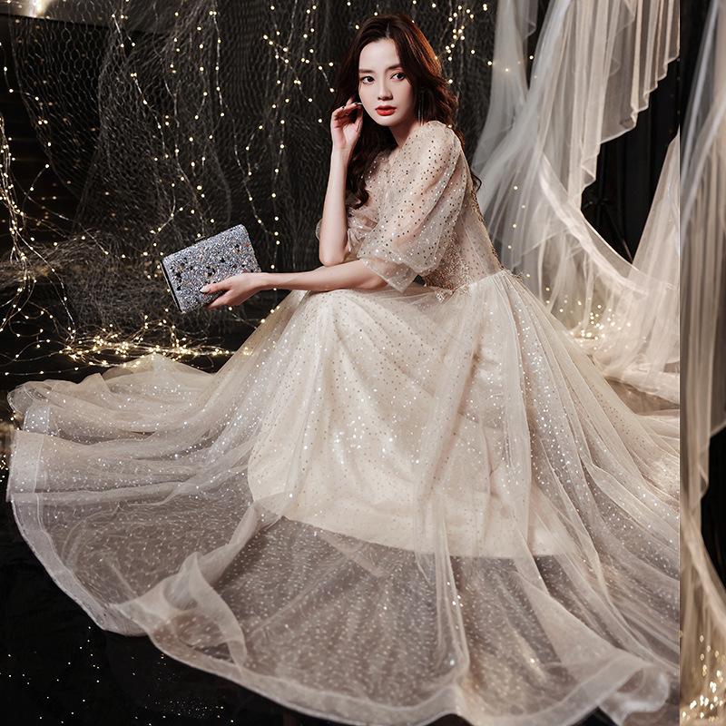 Banquet Evening Dress 1011 Summer Simple Bubble Sleeve Art Test Performance Dress Annual Meeting School Ceremony Gala Dress