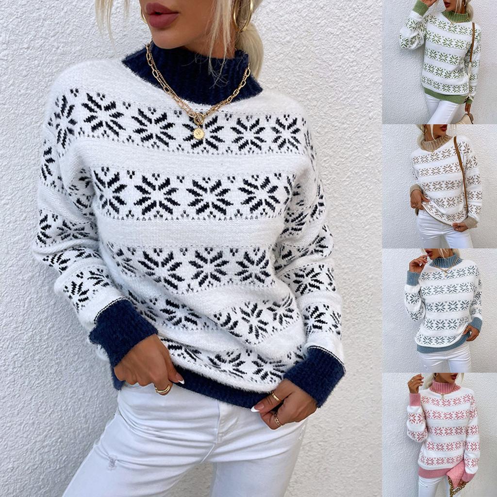 Γυναικεία πλεκτά Χριστουγεννιάτικα Snowflakes Χριστουγεννιάτικο πουλόβερ με μισό ζιβάγκο