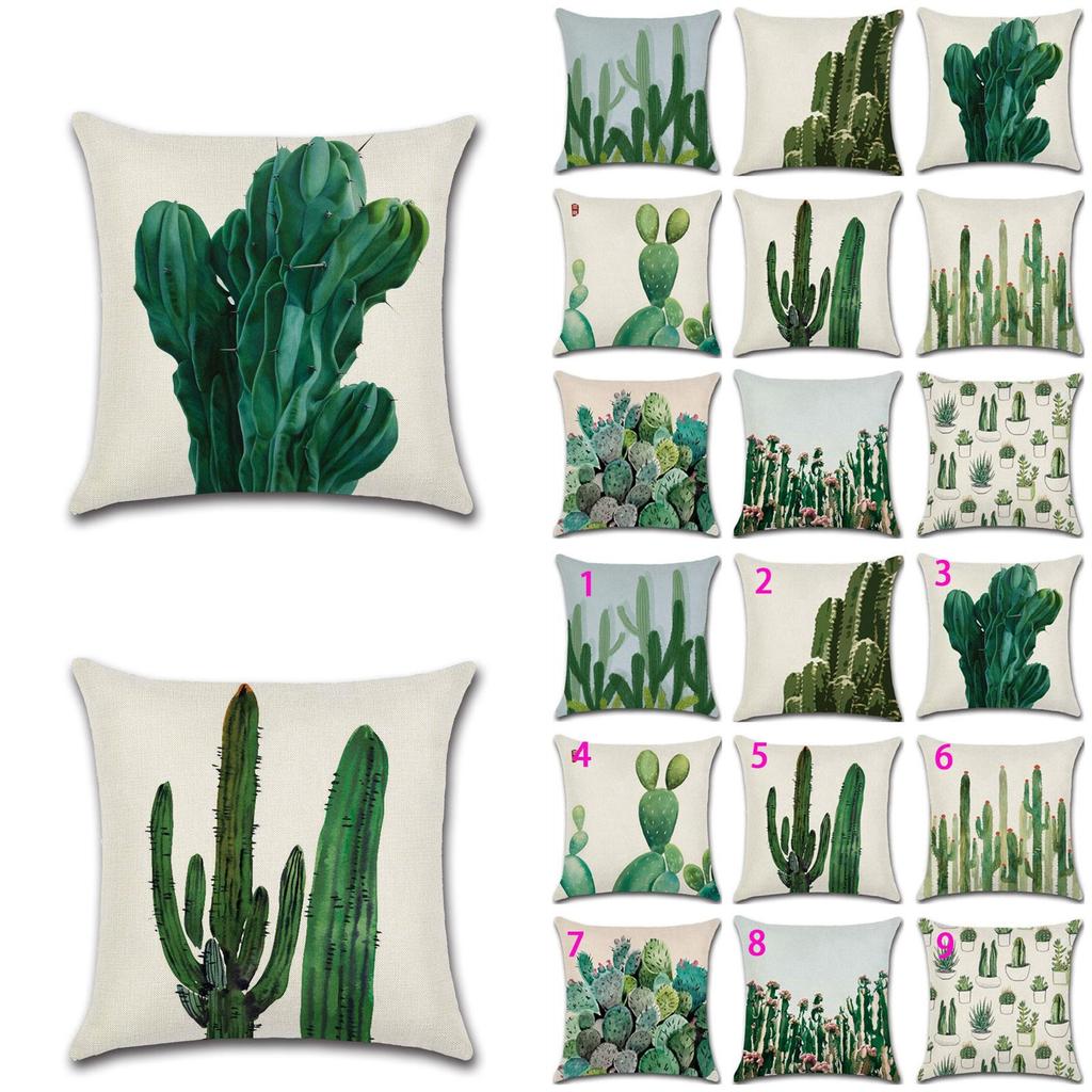 Premium Quality Cotton Linen Square Pillow Cover Featuring Tropical Cactus Design