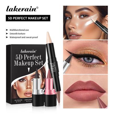 Lakerain Set Makeup 3 Pezzi 5D Viso Velluto Opaco Colore Lunga Durata Impermeabile Resistente al Sudore Set Pennelli Contouring Naturali