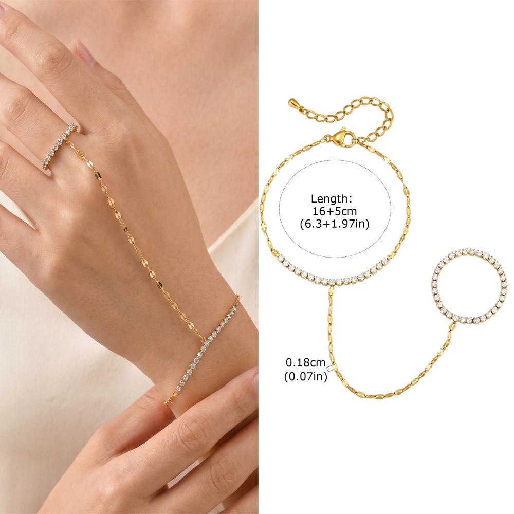 Luxury Minimalist Gold Plated Thin Chain Finger Ring Hand Chain Bracelets for Women, Party Elegant Stainless Steel Jewelry