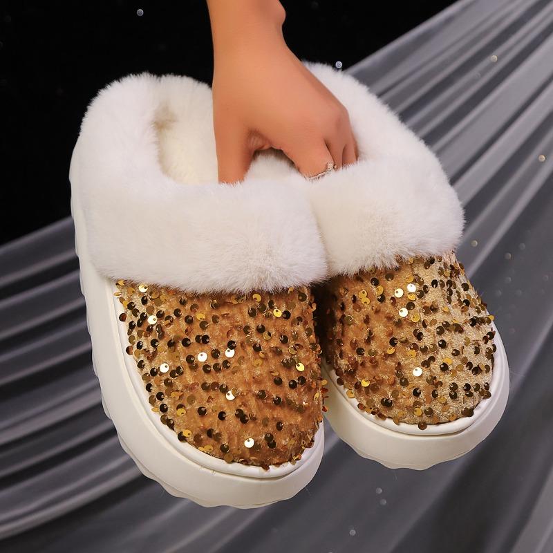 Cotton Slippers with Girly Glitter, Wide Fuzzy Collar, Plush-Topped, Warm Home Cotton Slippers