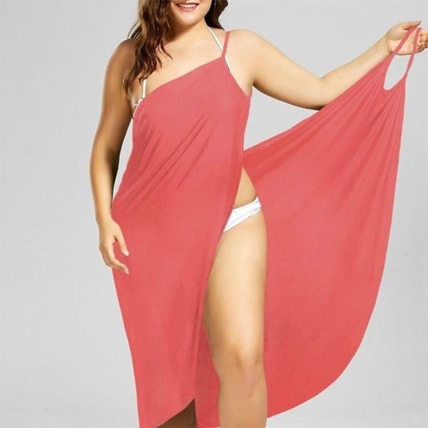 Abito da donna moda senza maniche in cotone tinta unita casual da spiaggia, copricostume, taglie forti