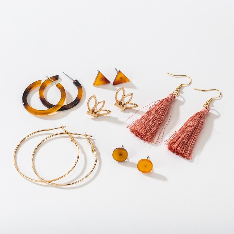 Fashion Acrylic Artificial Pearl Circle Fringed Stud Earrings Set 6-Piece Set, Style Earrings