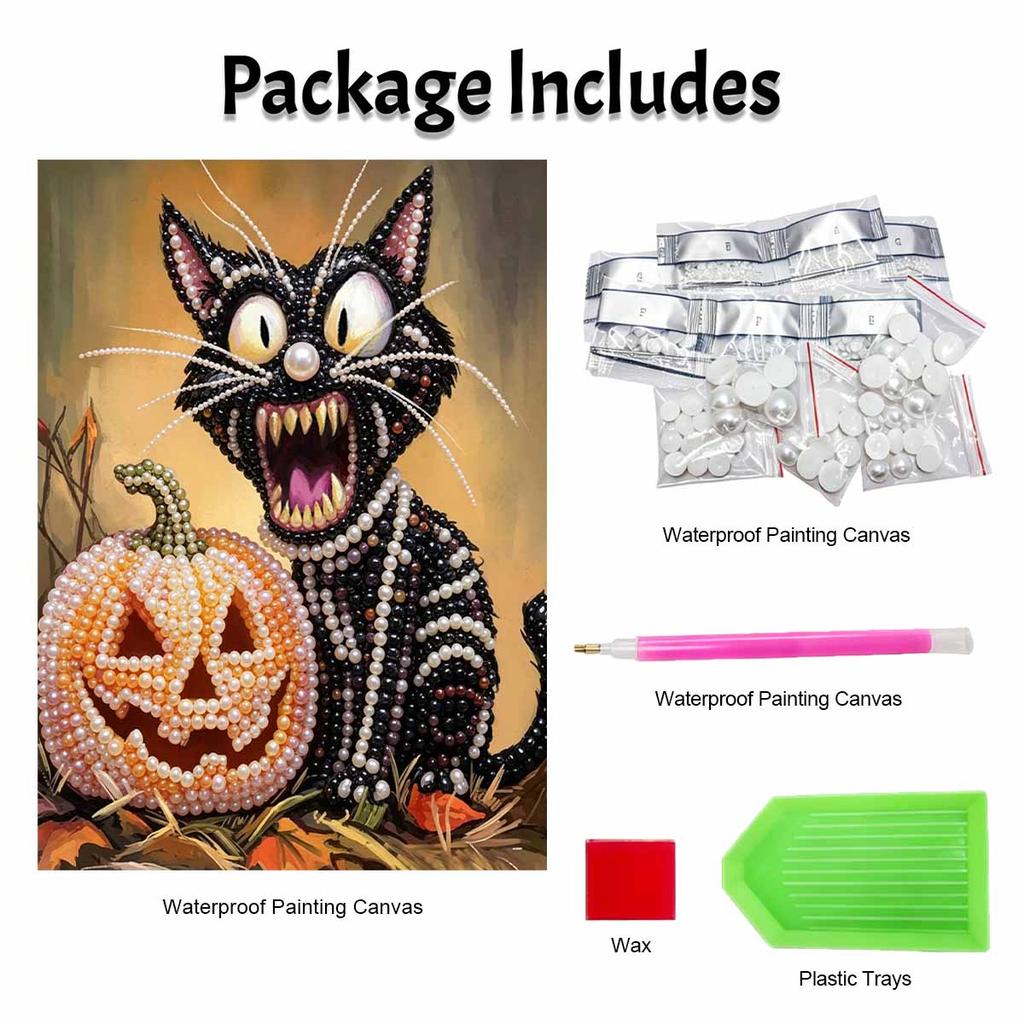 Halloween Black Cat Pumpkin Pearl Painting Art Full Pearl Handmade Diy Home Decorations