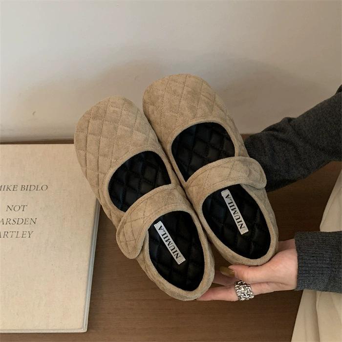 Vintage Suede Rhombus Velcro Shallow Mouth Mary Jane Shoes Night Breeze Gentle Soft Sole Versatile Lazy Bread Single Shoes