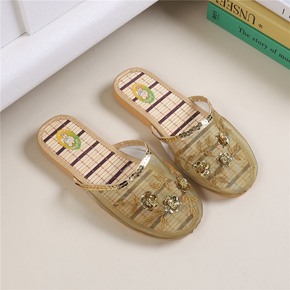 Handmade Beaded Home Slippers Women's Summer Indoor Mesh Wooden Flooring All Season Slippers Flat Heel