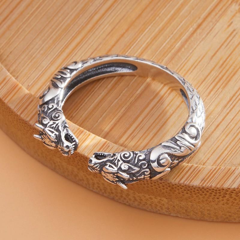 Adjustable Open Ring With Dual Dragon Motif Vintage Style Plated Men Women Fashion Jewelry Of