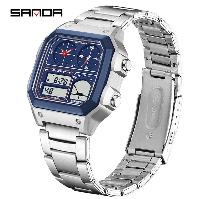 Sanda Temu Temperaturmessung Studenten Sportuhr, Wasserdicht Dual-Display, Multifunktionales Quadratisches Design