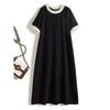 Hepburn Ji To Classic Black Dress! Women Summer Air Cotton Beads Contrast Color Round Neck Short Sleeve Over the Knee Dress New