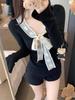 Women's Slim Fit V-Neck T-Shirt with French Lace and Bow Tie Straps - Autumn/Winter Two-Piece Style Top