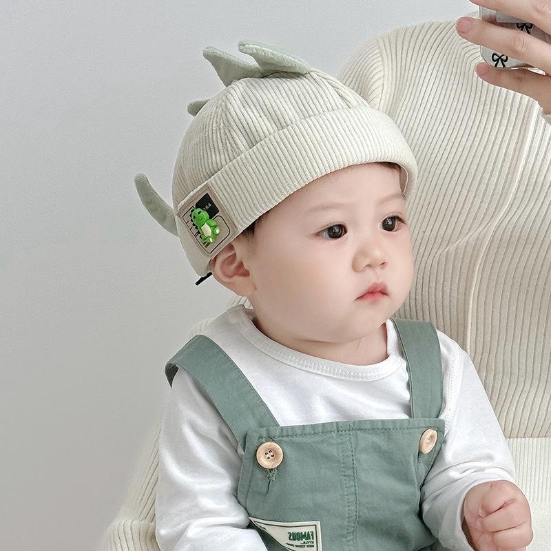 Cute Dinosaur Baby Brimless Hat Winter Corduroy Infant Melon Cap 3D Cartoon Adjustable Drawstring Kids Beanie Caps