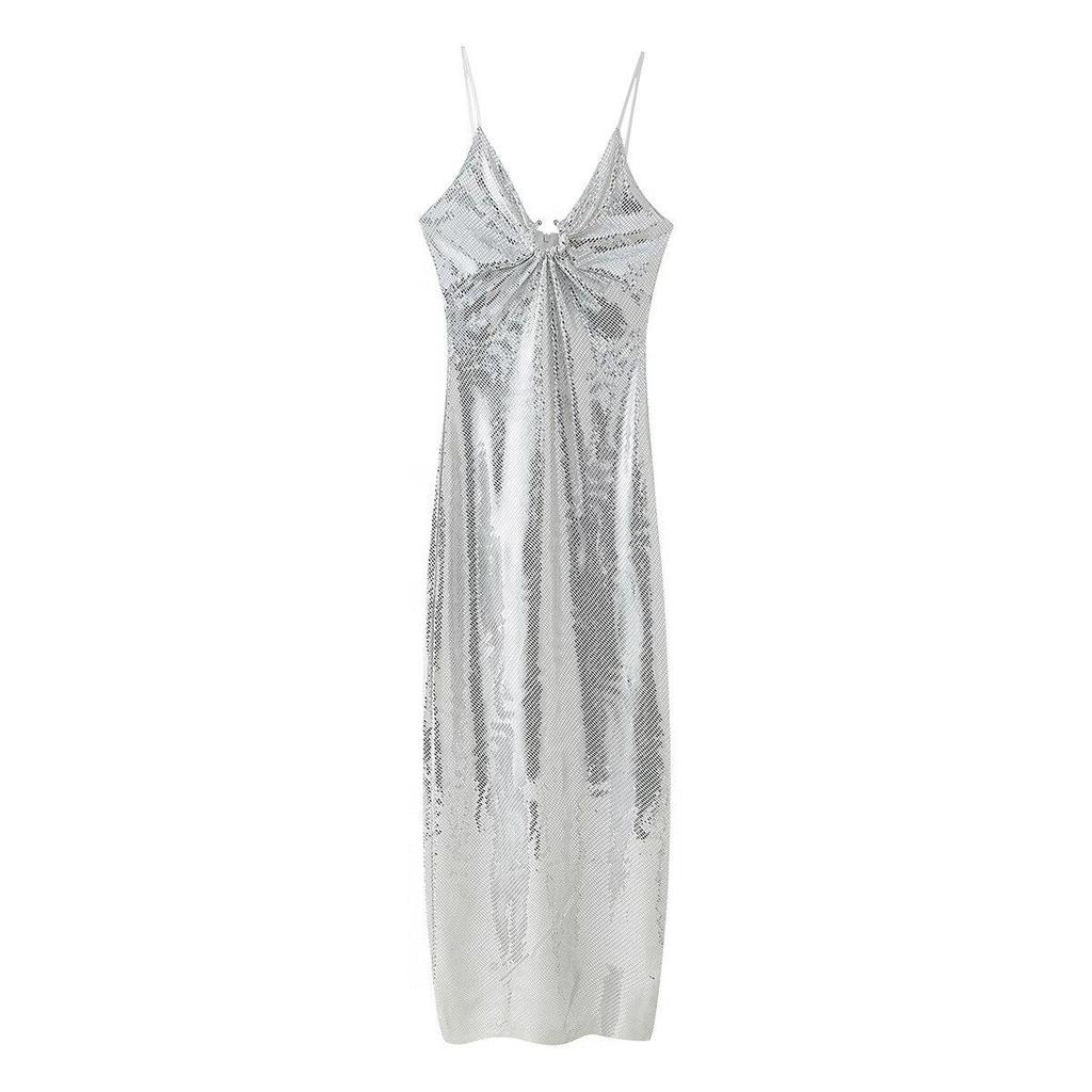 2024 Autumn V-Neck High Waist Sequin Spaghetti Strap Dress - European & American Style Women's Fashion