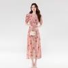 ML305 Women's French V-Neck Elegant Waist-Cinching Floral Dress - Slim Fit, Summer 2026 New Arrival