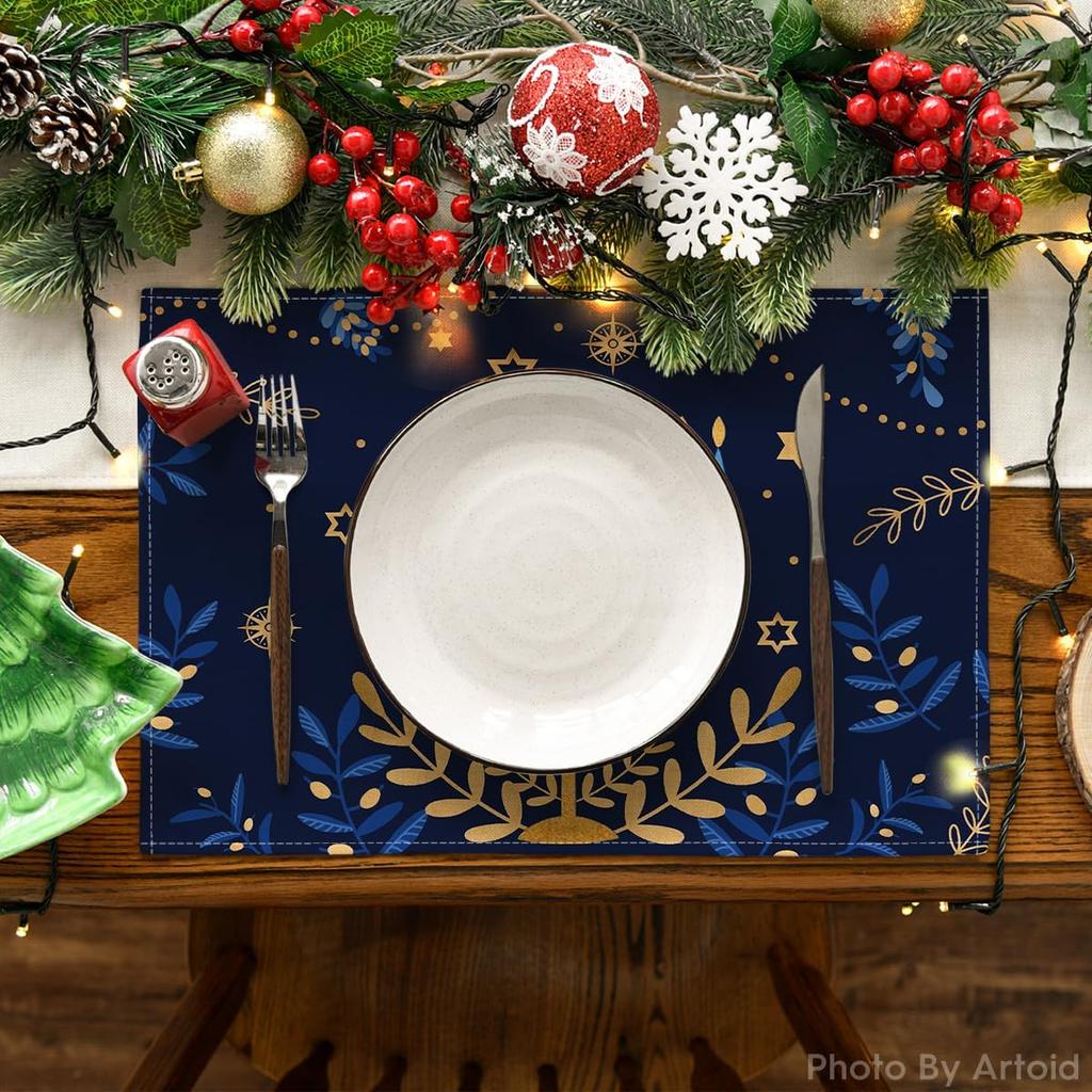 Artoid Mode Menorah Star Olives Hanukkah Placemats Set of 4, 12x18 Inch Chanukah Holiday Table Mats for Party Kitchen Dining Decoration