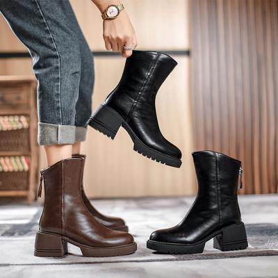 Kurzstiefel Damen dicker Absatz Plateau Britischer Stil 2025 neue Martin Stiefel hoher Absatz mittelhoher Schaft braun retro Frühling und Herbst Einzelstiefel