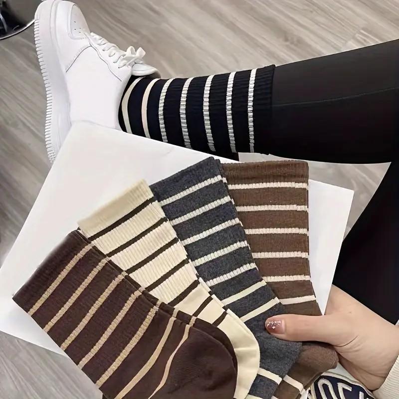 5/10 Pairs Women Mid Length Socks Fashionable Striped Print Soft Comfortable Sweat Absorbing and Breathable Casual Socks