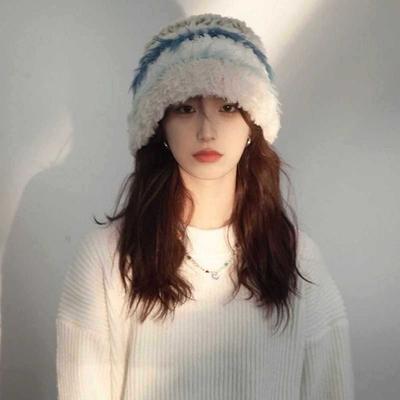 NEW Plush Faux Fur Bucket Hat Knitted Thick Basin Cap Ear Protection Korean Style Wool Cap Winter