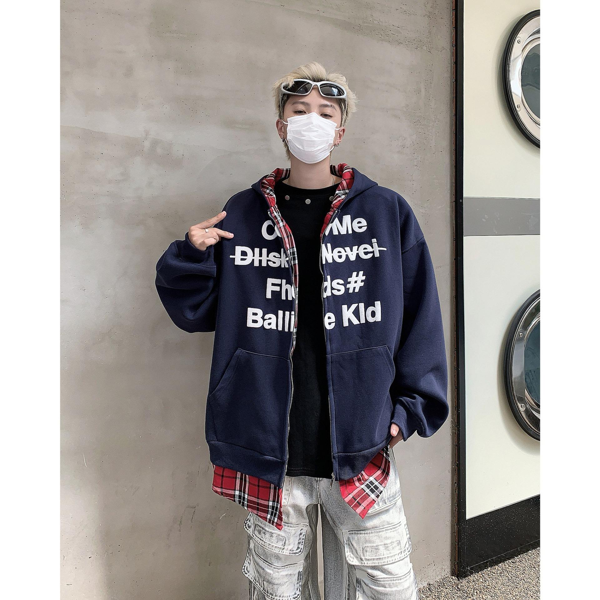 

Men s Guochao Plaid Patchwork Hooded Sweatshirt - Loose Fit, Casual Autumn/Winter Cardigan. Large