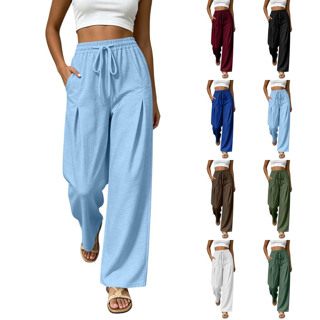 Women High Waist Wide Leg Pants Summer Casual Loose Fit Trousers with Pockets Elastic Waist Drawstring Outdoor Lightweight