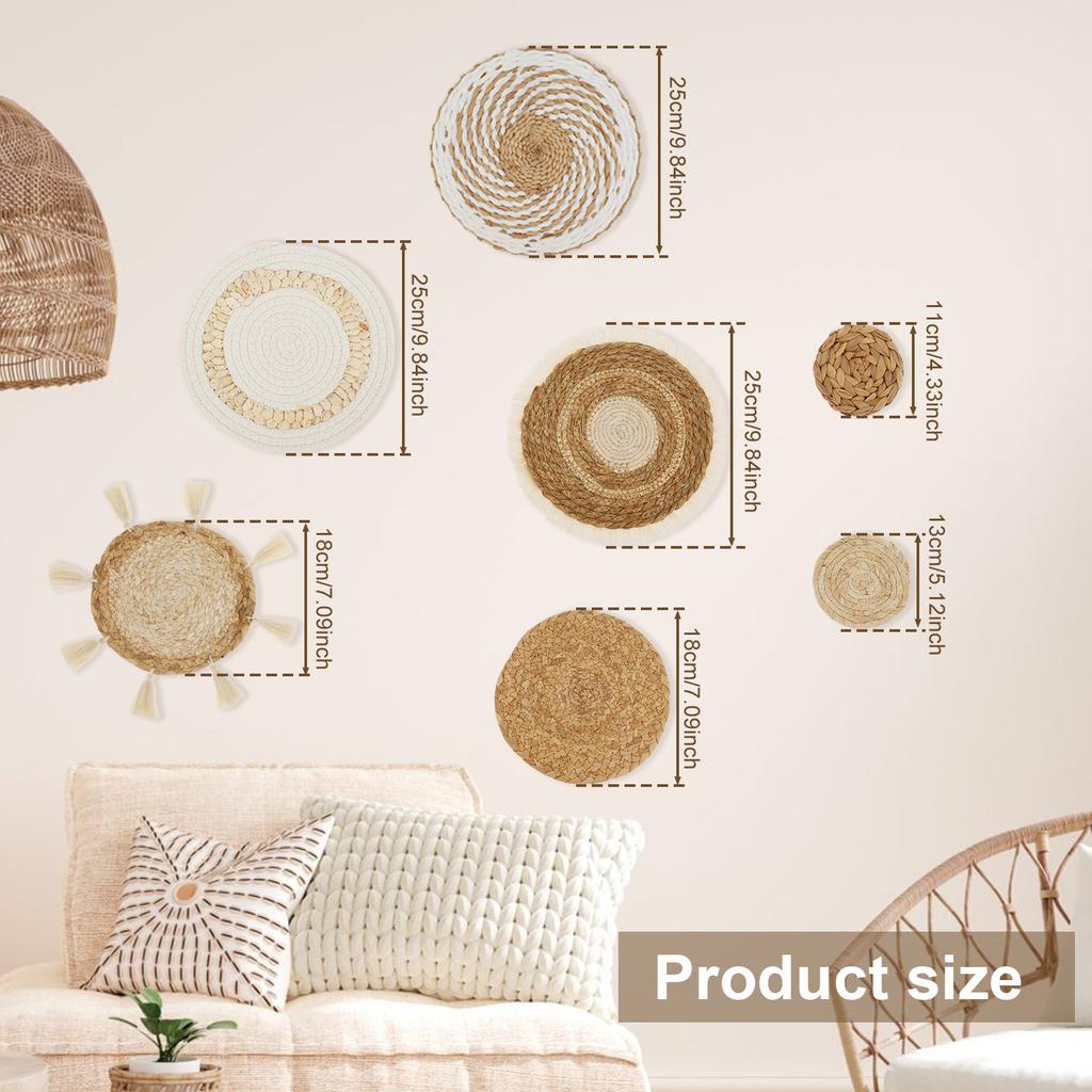 7Pcs Hanging Woven Wall Basket Handmade Decorative Rustic Boho Wall Baskets Decor Home Farmhouse Round Seagrass Baskets Art Gift