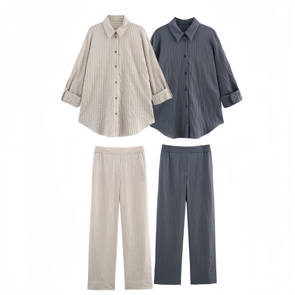 

2025 Spring Women s Striped Shirt & High-Waisted Pants Set S