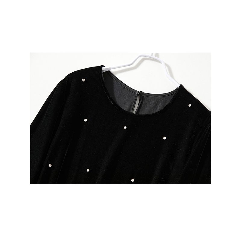 French Foreign Orders! Elegance Slow Life Women's round Neck Long Sleeves Ruched Fishtail Gold Velvet Beaded Dress over the Knee New