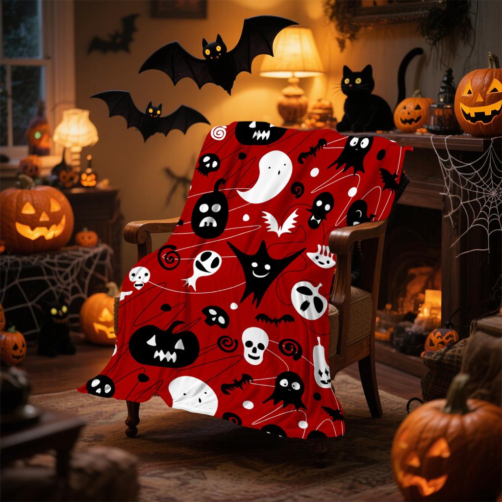 1pc Orenge Purple Halloween Blanket Ghost Bats Print for Sofa Skin-Friendly Soft Blanket New for Home Halloween Decoration