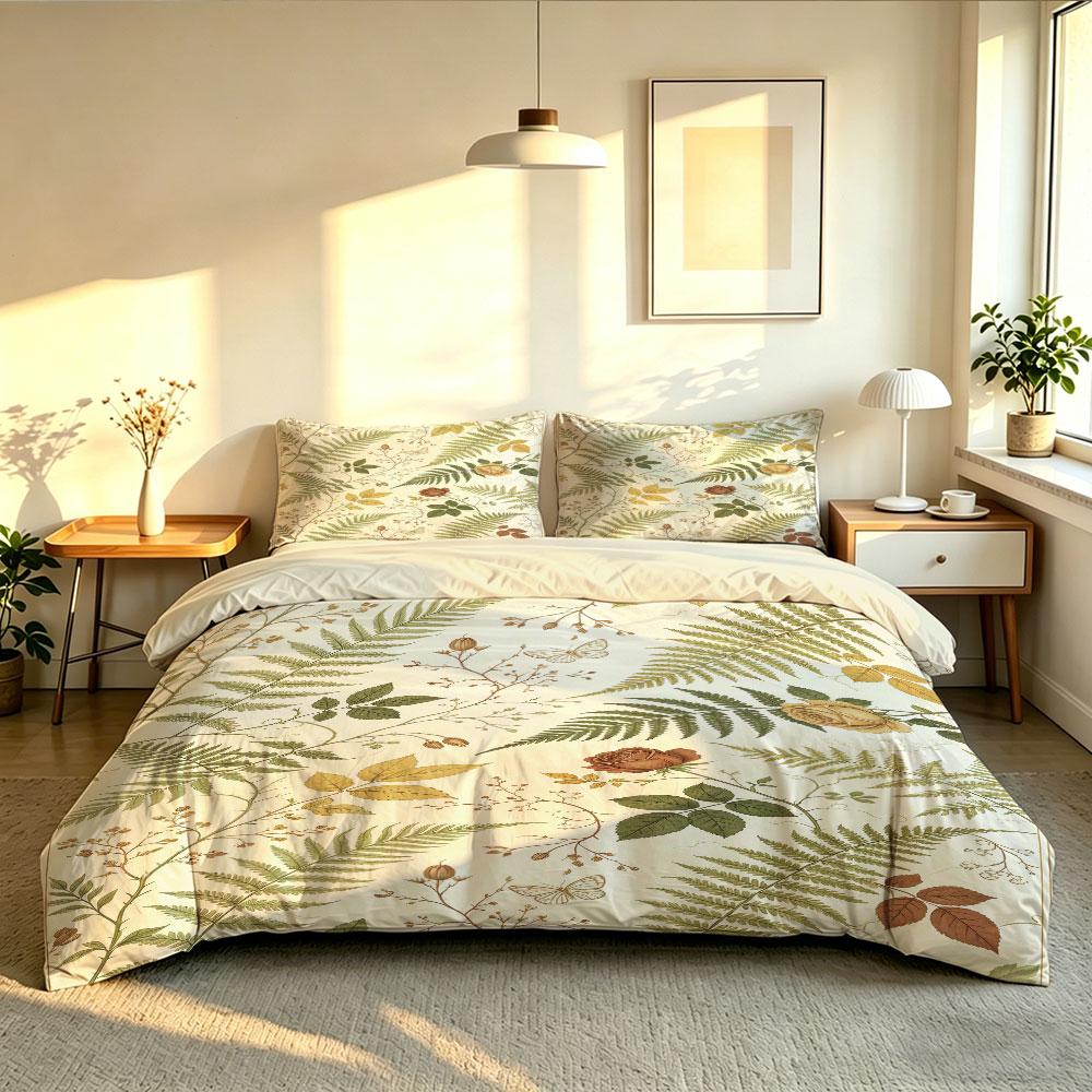 Duvet Cover Set 3Pcs Botanical Fern Leaf Print Soft Microfiber Bedding with Pillowcases Minimalist Bedroom Decor