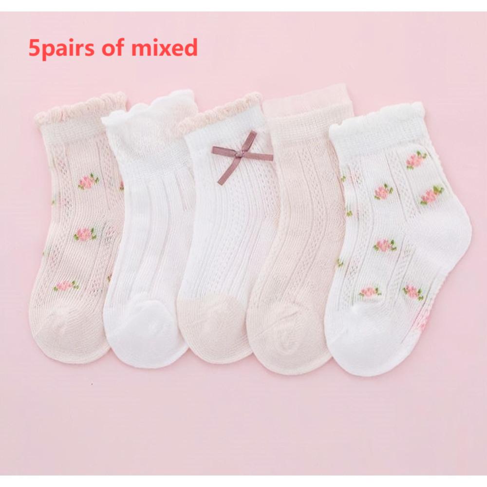 

5 pairs of girls summer thin socks, children s lace butterfly breathable mesh socks 6-9Years