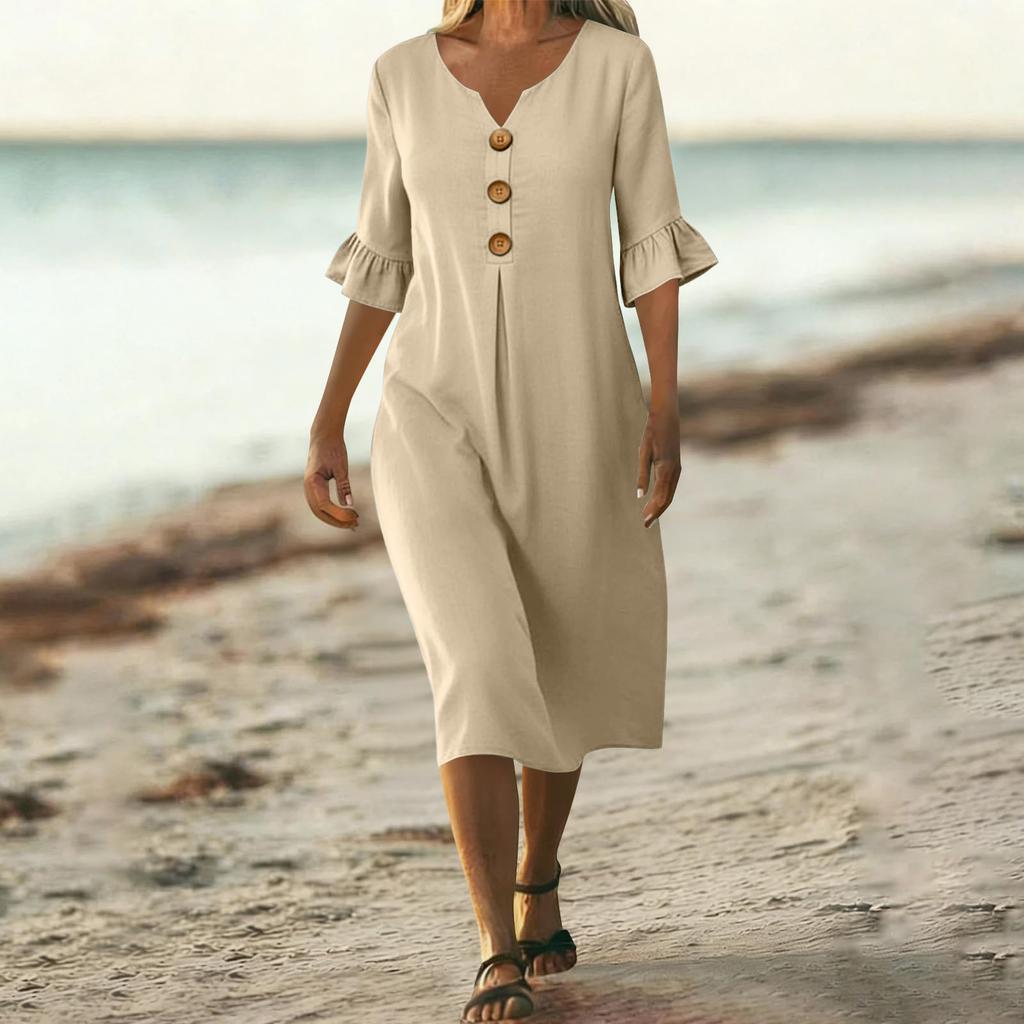 Ladies Summer Dresses Uk Womens Summer Dresses Uk Summer Dresses for Women Uk Linen Loose Fit Button Front Dress V Neck Half Sleeve Casual Style