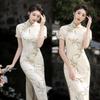 Summer Slimming Split Cheongsam Dress with Frog Buttons - Modern Printed Style