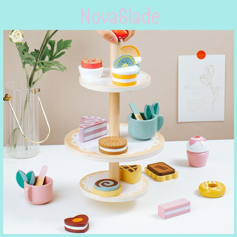 Wooden Pretend Play Dessert Shelf With Three Layers Design For Kids Educational Role Play Toys
