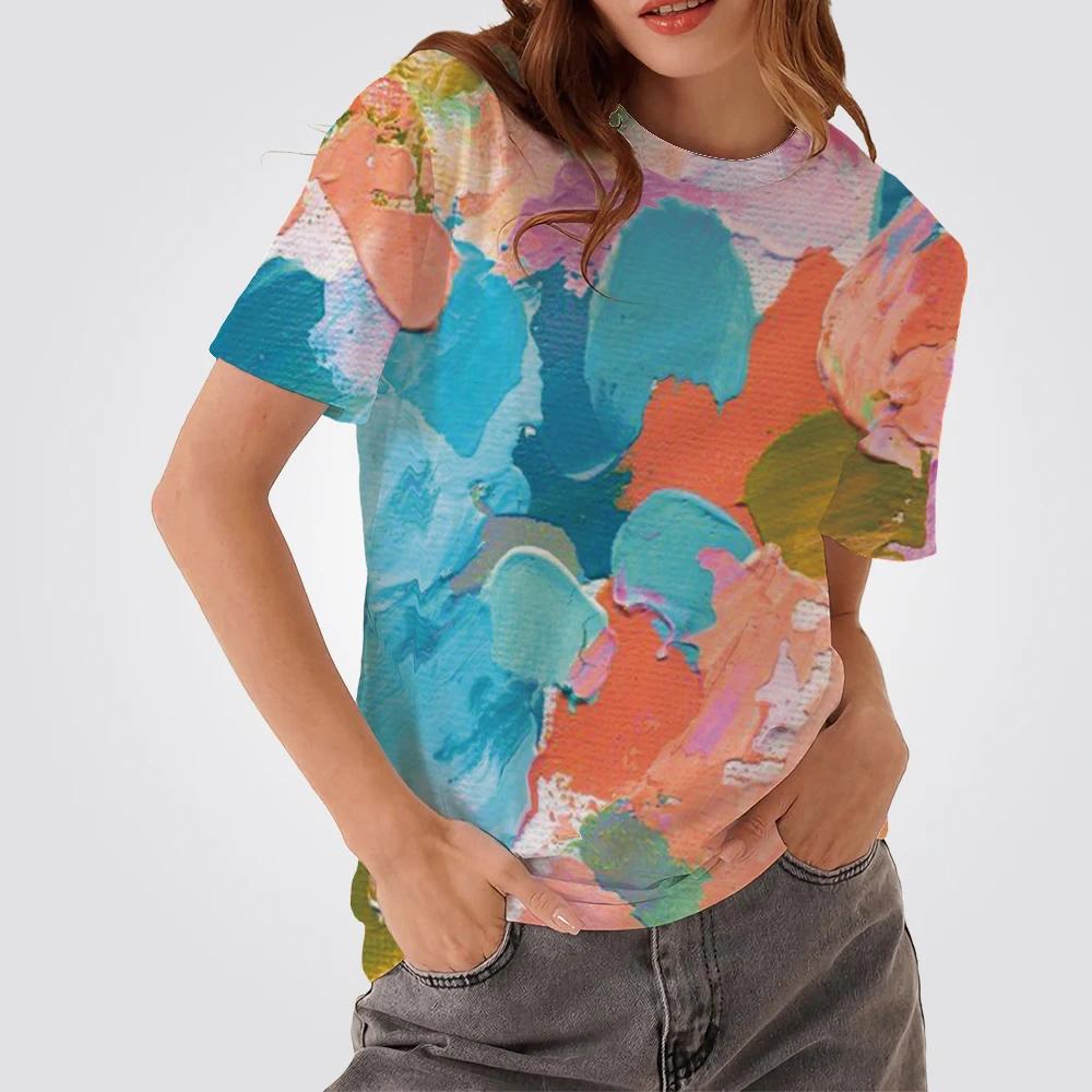 

Летняя живопись маслом Красочные 3D-принты Футболки Женская уличная одежда Повседневная мода Футболка с коротким рукавом Круглый вырез Топы Одежда XL